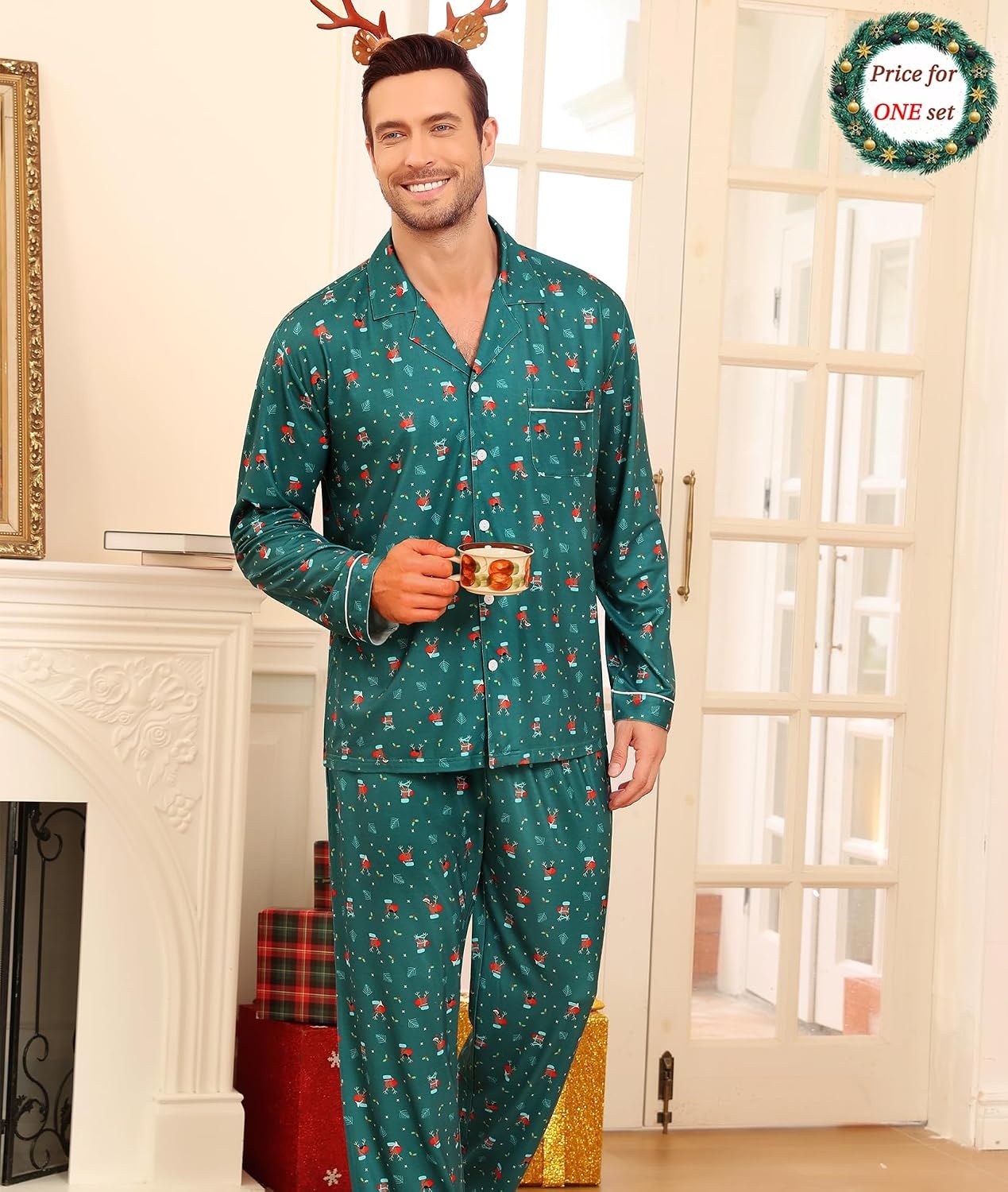 image:imageSWOMOG Matching Couple Christmas Pajamas Set Modal Long Sleeve ButtonDown Sleepwear Family Festival Party Xmas PJs Sets WomenMen Green Christmas Elk Small