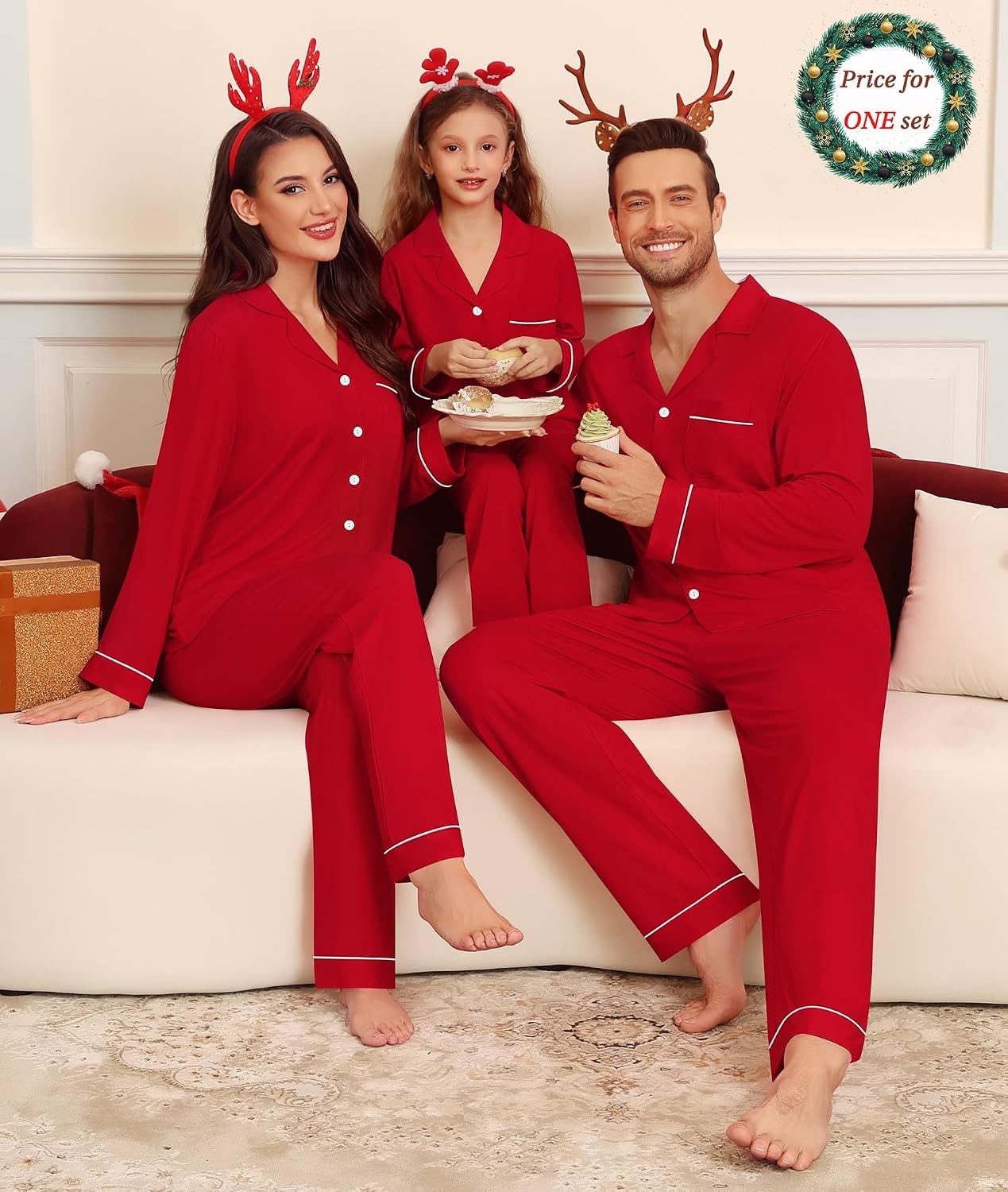 image:imageSWOMOG Matching Couple Christmas Pajamas Set Modal Long Sleeve ButtonDown Sleepwear Family Festival Party Xmas PJs Sets WomenMen Red Medium