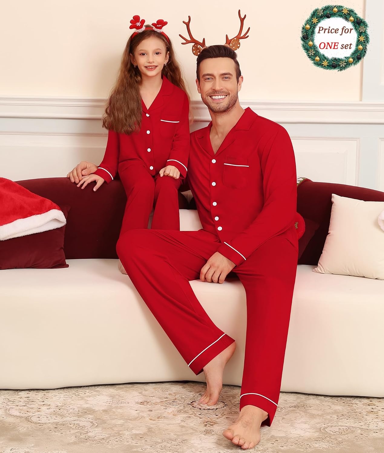 image:imageSWOMOG Matching Couple Christmas Pajamas Set Modal Long Sleeve ButtonDown Sleepwear Family Festival Party Xmas PJs Sets WomenMen Red Medium