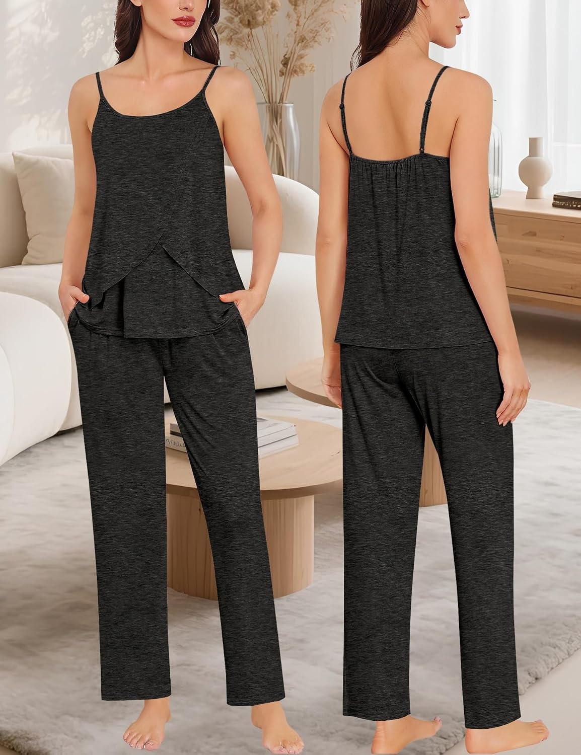 image:imageSWOMOG Maternity Pajamas Set 3 PCS Nusing Pajamas Labor and Delivery Gown amp Camisole amp Pants Postpartum PjsBlack Gray