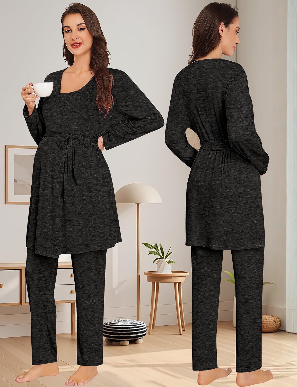 image:imageSWOMOG Maternity Pajamas Set 3 PCS Nusing Pajamas Labor and Delivery Gown amp Camisole amp Pants Postpartum PjsBlack Gray