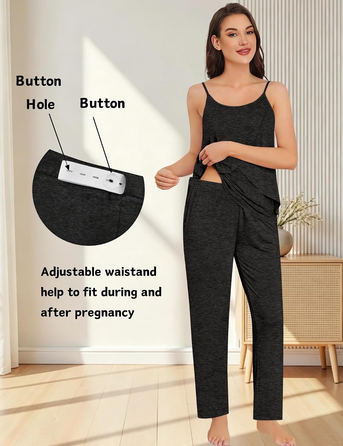 image:imageSWOMOG Maternity Pajamas Set 3 PCS Nusing Pajamas Labor and Delivery Gown amp Camisole amp Pants Postpartum PjsBlack Gray