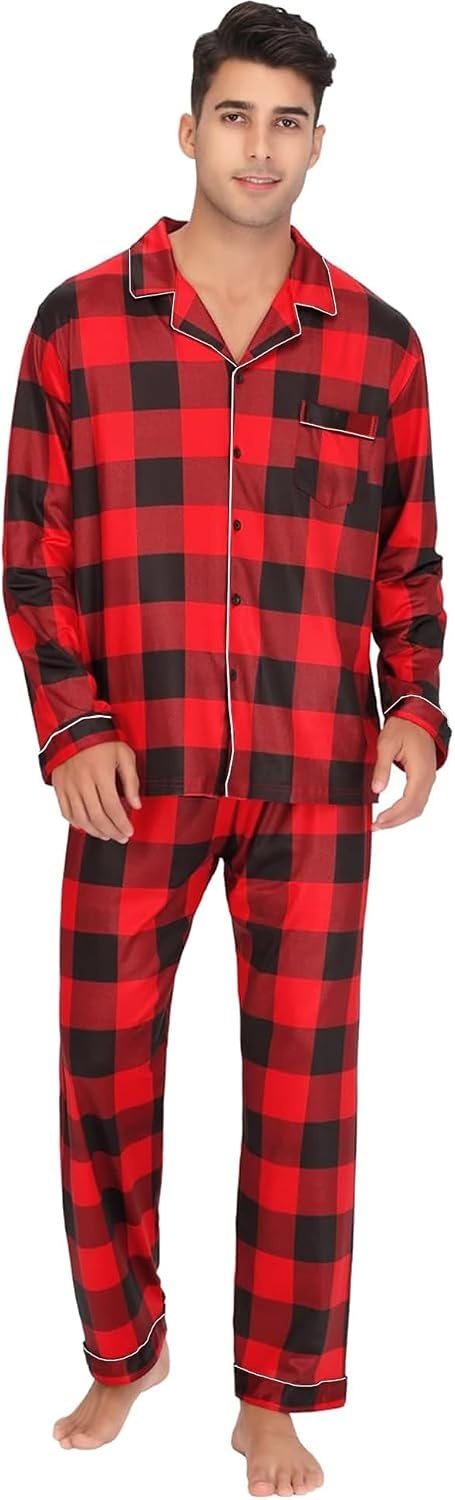image:imageSWOMOG Men Christmas Red Buffalo Plaid Pajamas Set Comfy Cotton Long Sleeve Sleepwear Soft Button Down Modal Nightwear 2 Piece Pj Set with Pockets