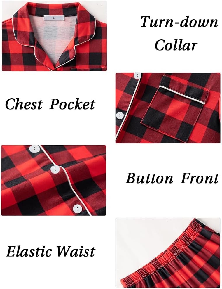 image:imageSWOMOG Men Christmas Red Buffalo Plaid Pajamas Set Comfy Cotton Long Sleeve Sleepwear Soft Button Down Modal Nightwear 2 Piece Pj Set with Pockets
