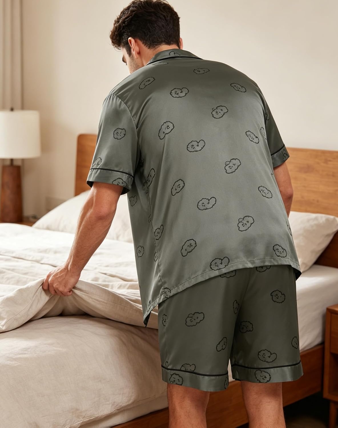 image:imageSWOMOG Men Satin Silk Pajamas Sets Short Sleeve Sleepwear ButtonDown PJs Sets TwoPieces Loungewear with PocketsGrey Dog