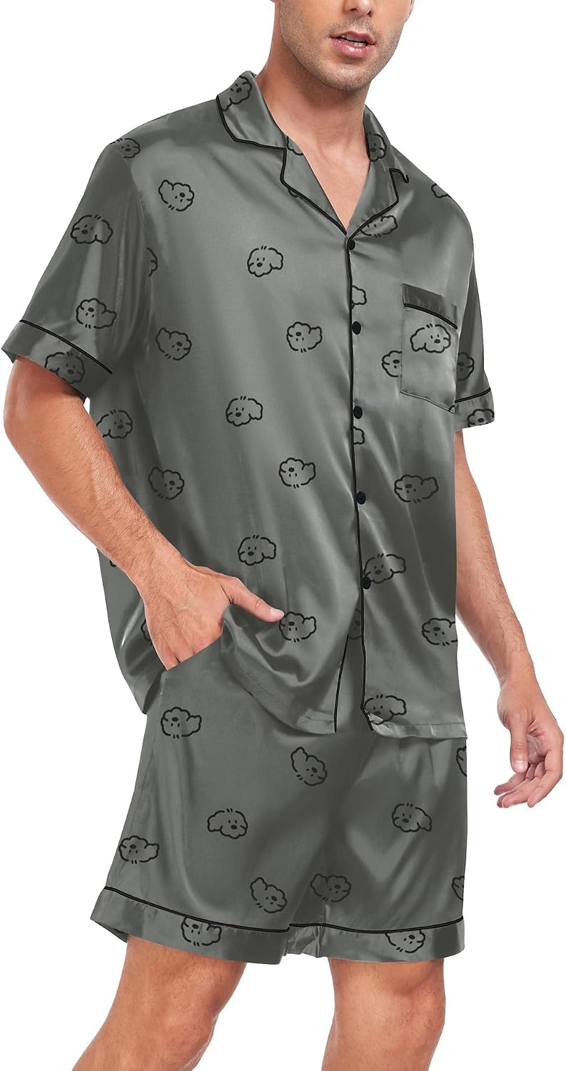 image:imageSWOMOG Men Satin Silk Pajamas Sets Short Sleeve Sleepwear ButtonDown PJs Sets TwoPieces Loungewear with PocketsGrey Dog