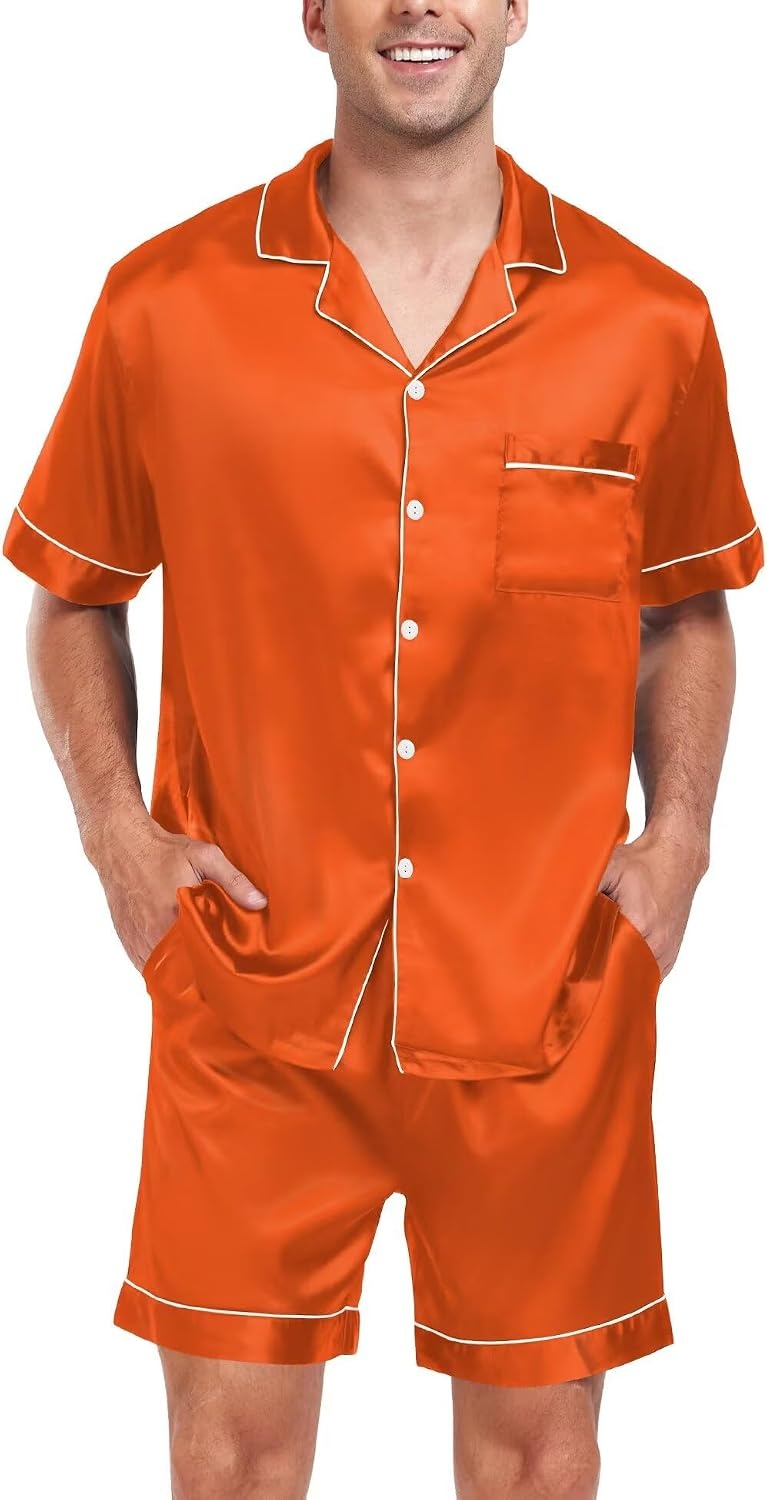 image:imageSWOMOG Men Satin Silk Pajamas Sets Short Sleeve Sleepwear ButtonDown PJs Sets TwoPieces Loungewear with PocketsOrange