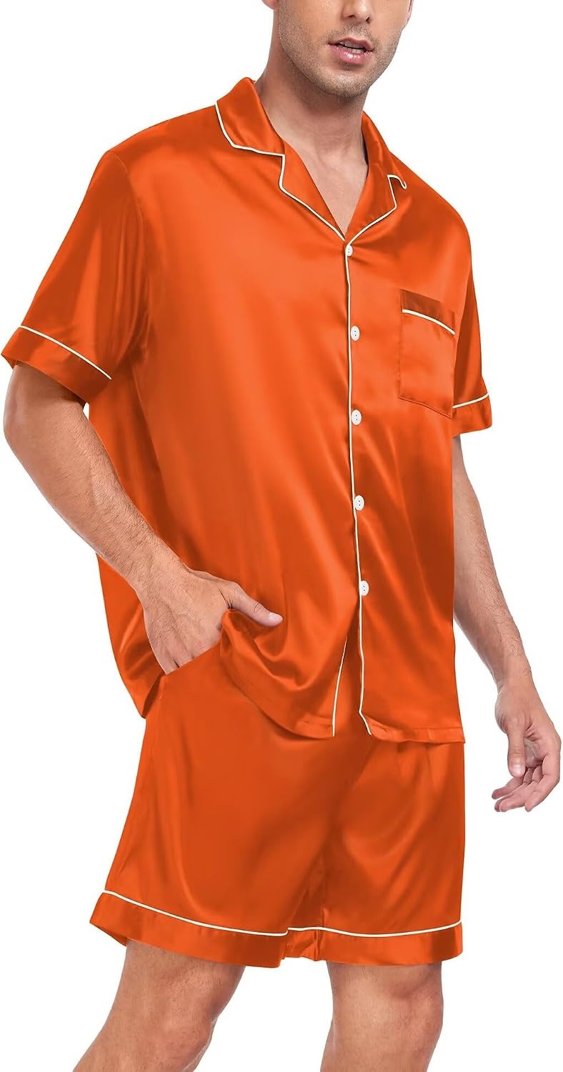 image:imageSWOMOG Men Satin Silk Pajamas Sets Short Sleeve Sleepwear ButtonDown PJs Sets TwoPieces Loungewear with PocketsOrange