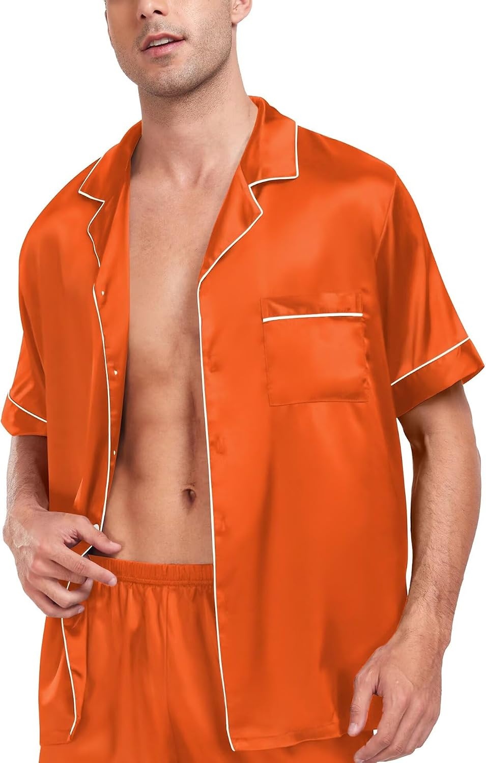 image:imageSWOMOG Men Satin Silk Pajamas Sets Short Sleeve Sleepwear ButtonDown PJs Sets TwoPieces Loungewear with PocketsOrange