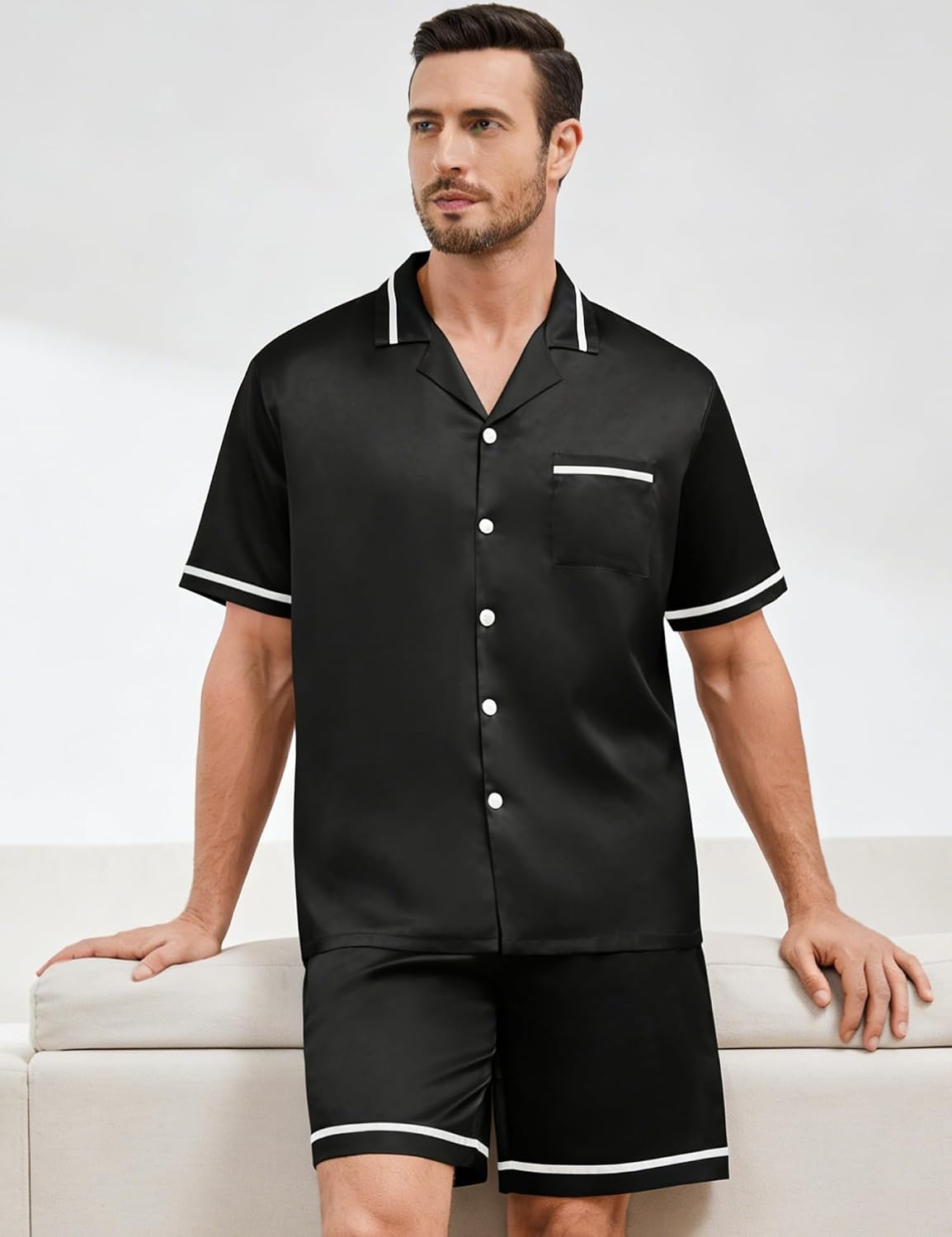 image:imageSWOMOG Men Satin Silk Pajamas Sets with Pockets Short Sleeve ButtonDown PJs Sets 2 Piece Summer Sleepwear SXXLStyleablack