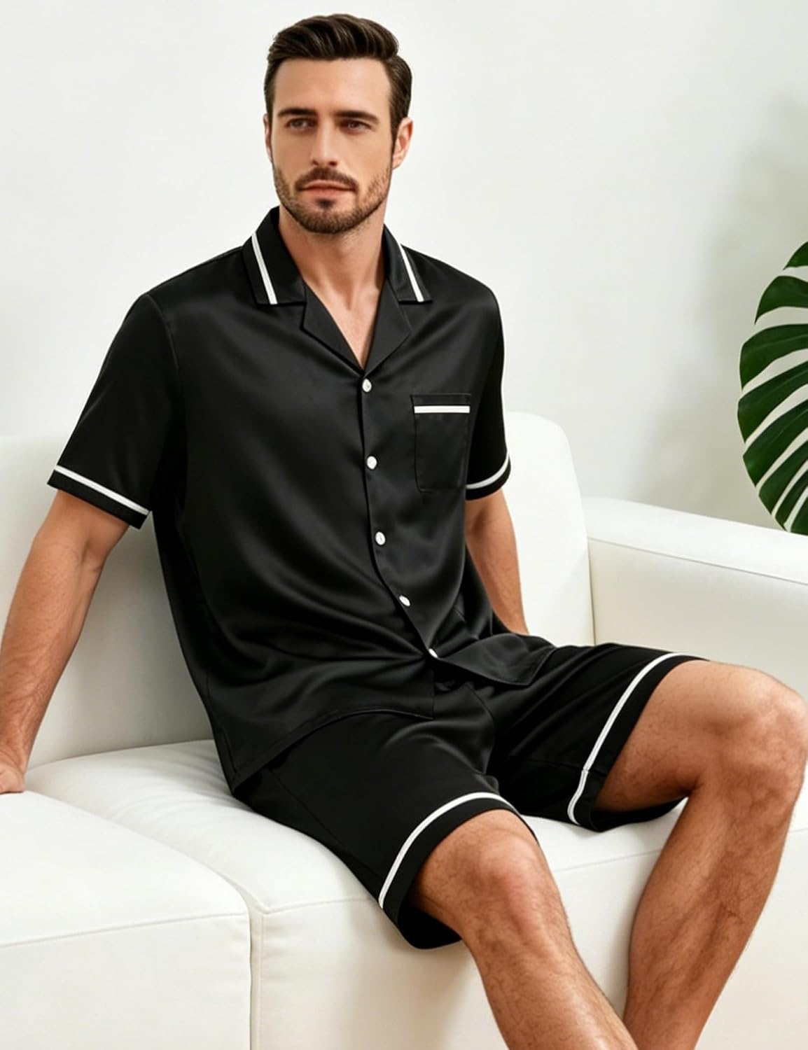 image:imageSWOMOG Men Satin Silk Pajamas Sets with Pockets Short Sleeve ButtonDown PJs Sets 2 Piece Summer Sleepwear SXXLStyleablack