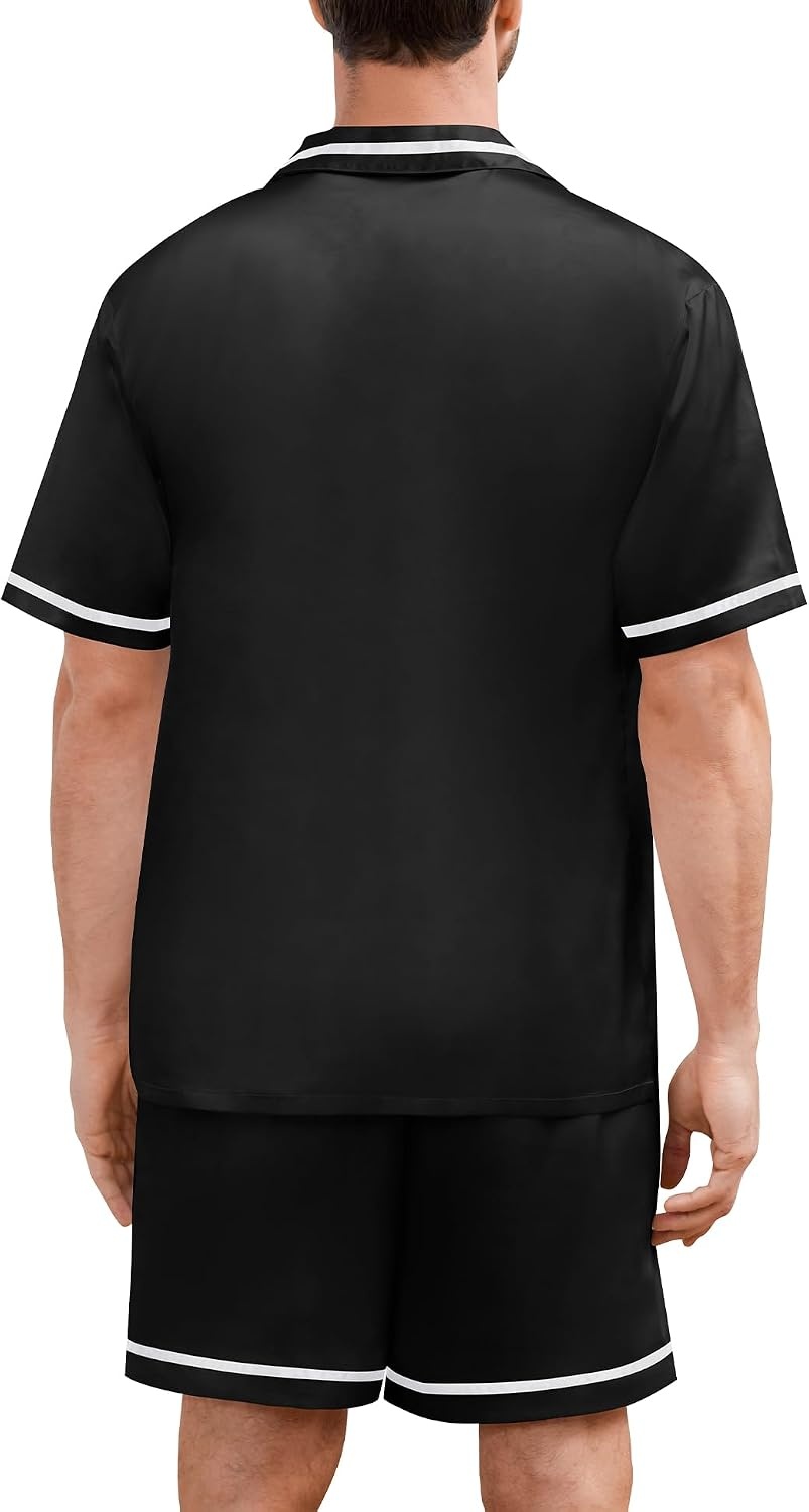 image:imageSWOMOG Men Satin Silk Pajamas Sets with Pockets Short Sleeve ButtonDown PJs Sets 2 Piece Summer Sleepwear SXXLStyleablack