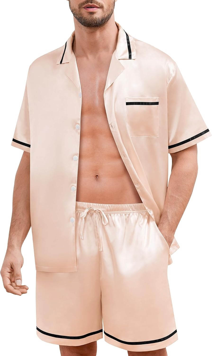image:imageSWOMOG Men Satin Silk Pajamas Sets with Pockets Short Sleeve ButtonDown PJs Sets 2 Piece Summer Sleepwear SXXLStyleachampagne