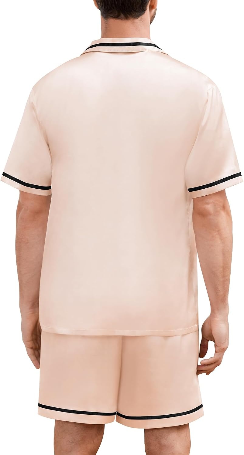 image:imageSWOMOG Men Satin Silk Pajamas Sets with Pockets Short Sleeve ButtonDown PJs Sets 2 Piece Summer Sleepwear SXXLStyleachampagne