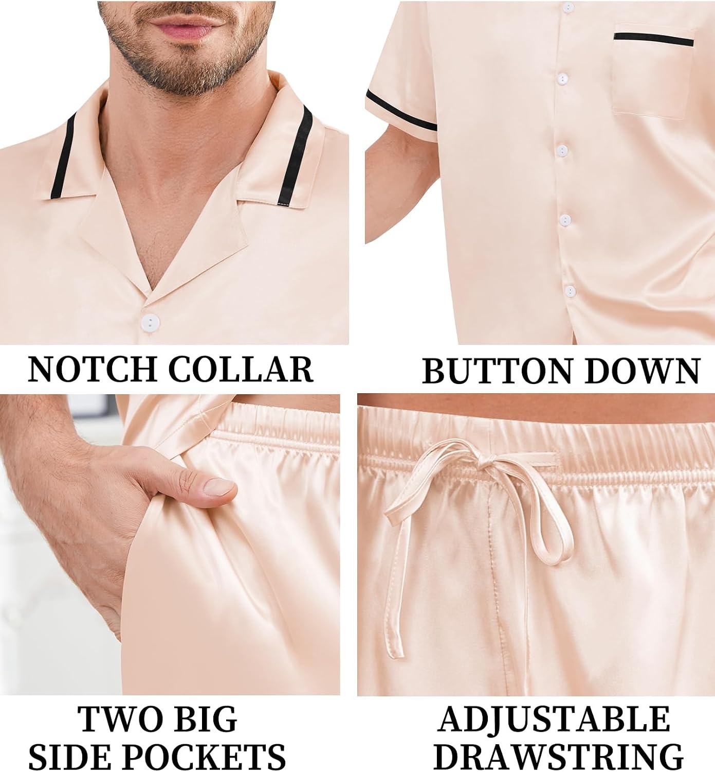 image:imageSWOMOG Men Satin Silk Pajamas Sets with Pockets Short Sleeve ButtonDown PJs Sets 2 Piece Summer Sleepwear SXXLStyleachampagne
