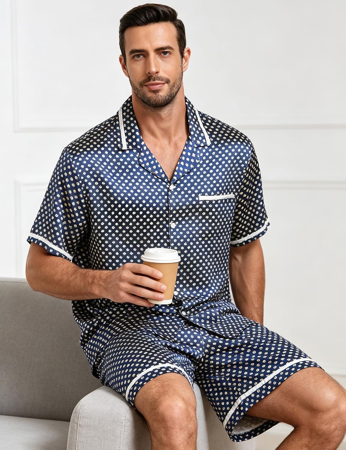image:imageSWOMOG Men Satin Silk Pajamas Sets with Pockets Short Sleeve ButtonDown PJs Sets 2 Piece Summer Sleepwear SXXLStyleageometric Yellow