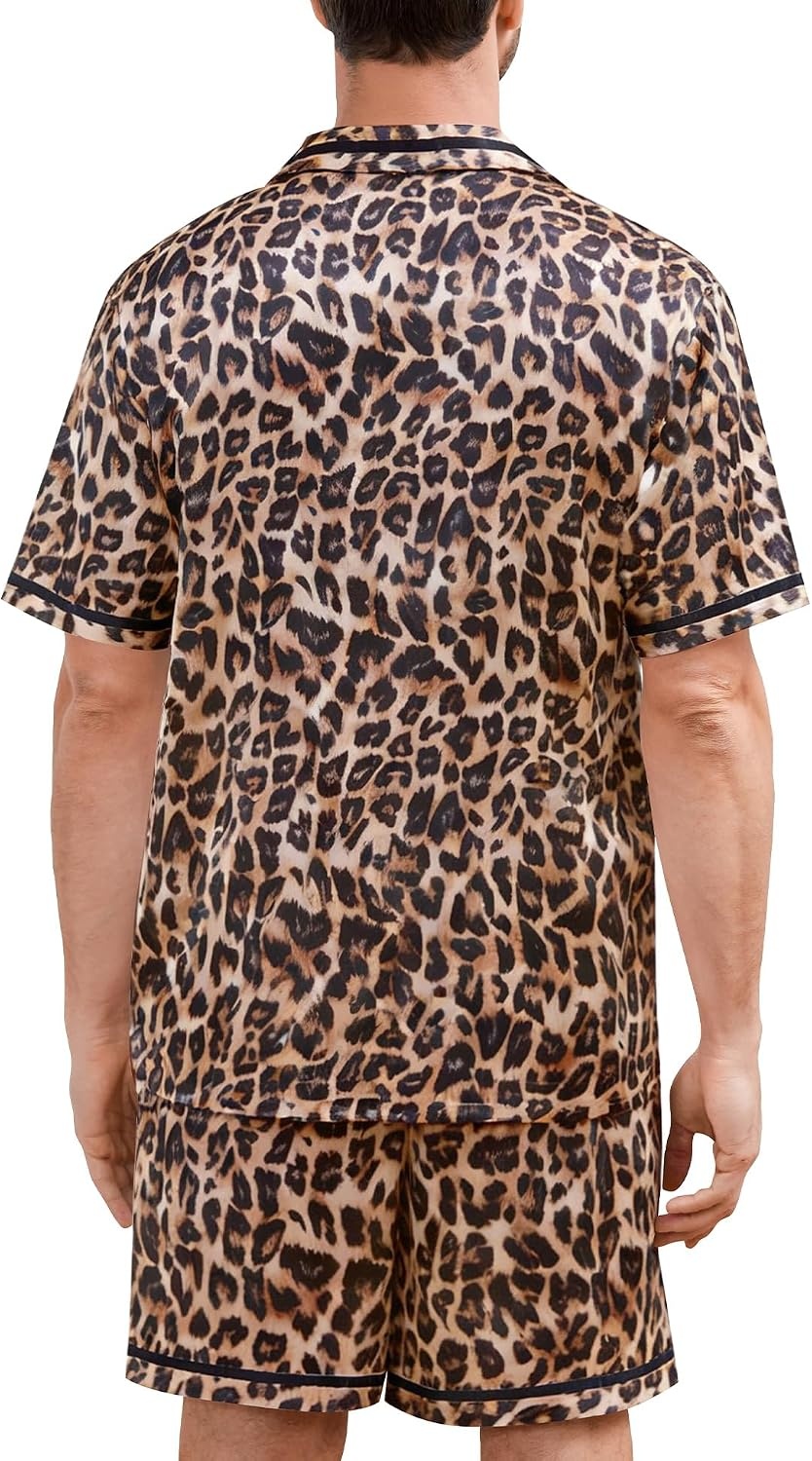 image:imageSWOMOG Men Satin Silk Pajamas Sets with Pockets Short Sleeve ButtonDown PJs Sets 2 Piece Summer Sleepwear SXXLStylealeopard