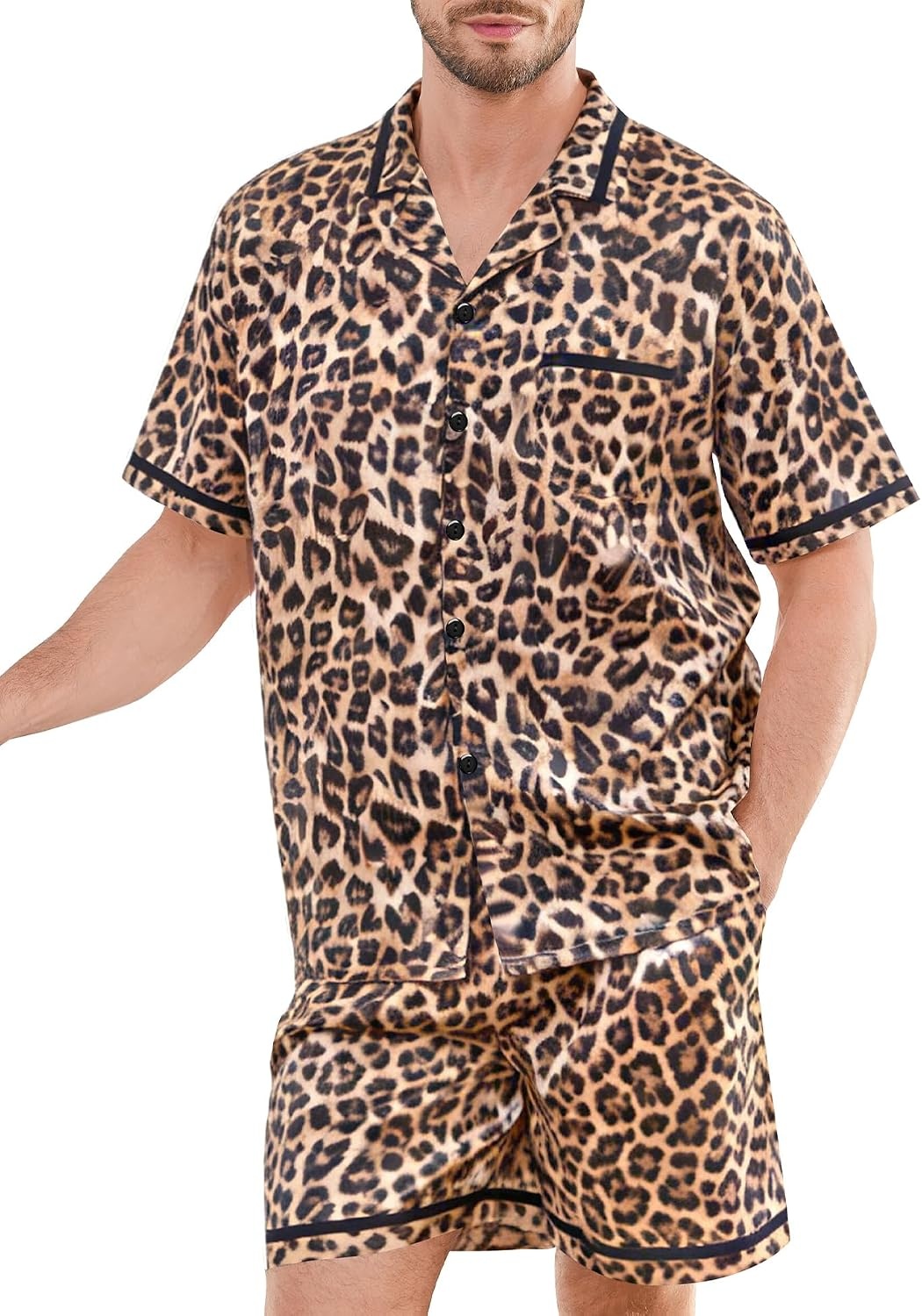 image:imageSWOMOG Men Satin Silk Pajamas Sets with Pockets Short Sleeve ButtonDown PJs Sets 2 Piece Summer Sleepwear SXXLStylealeopard