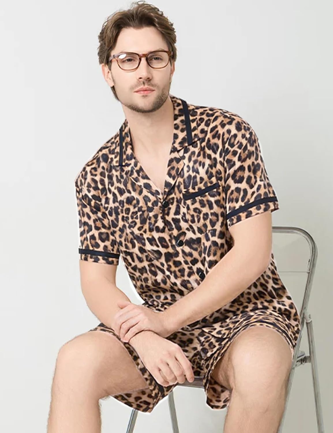 image:imageSWOMOG Men Satin Silk Pajamas Sets with Pockets Short Sleeve ButtonDown PJs Sets 2 Piece Summer Sleepwear SXXLStylealeopard