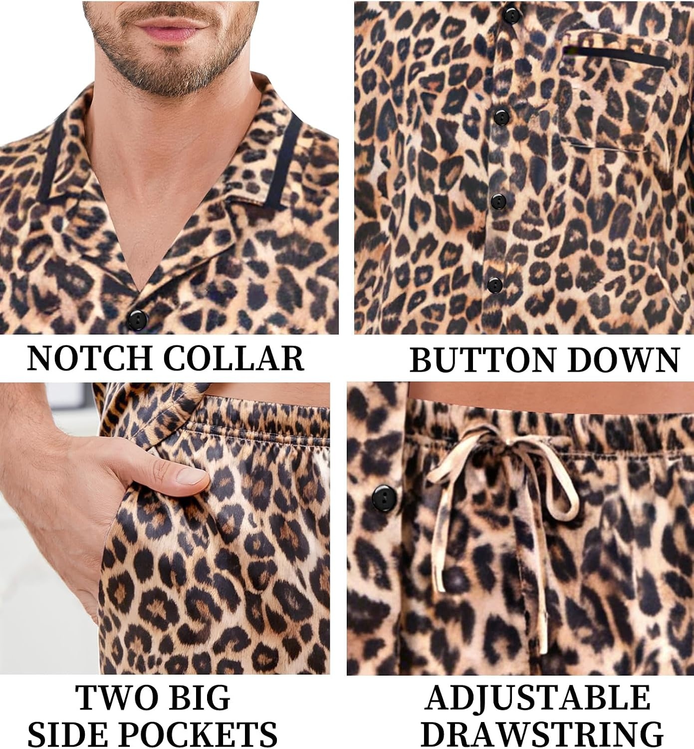 image:imageSWOMOG Men Satin Silk Pajamas Sets with Pockets Short Sleeve ButtonDown PJs Sets 2 Piece Summer Sleepwear SXXLStylealeopard