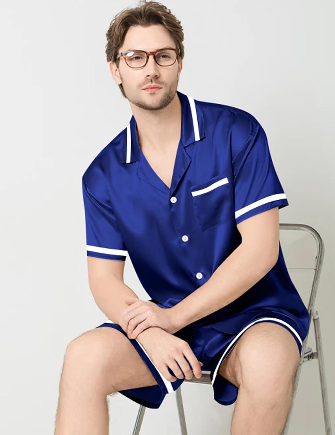 image:imageSWOMOG Men Satin Silk Pajamas Sets with Pockets Short Sleeve ButtonDown PJs Sets 2 Piece Summer Sleepwear SXXLStyleanavy Blue