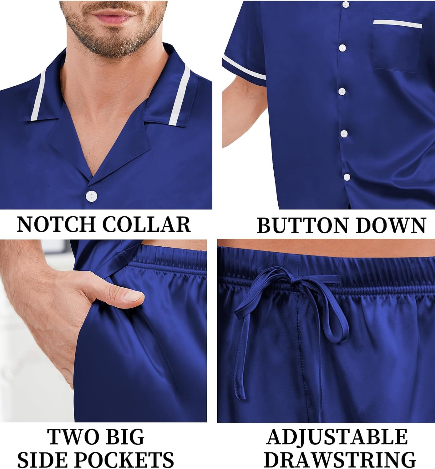 image:imageSWOMOG Men Satin Silk Pajamas Sets with Pockets Short Sleeve ButtonDown PJs Sets 2 Piece Summer Sleepwear SXXLStyleanavy Blue