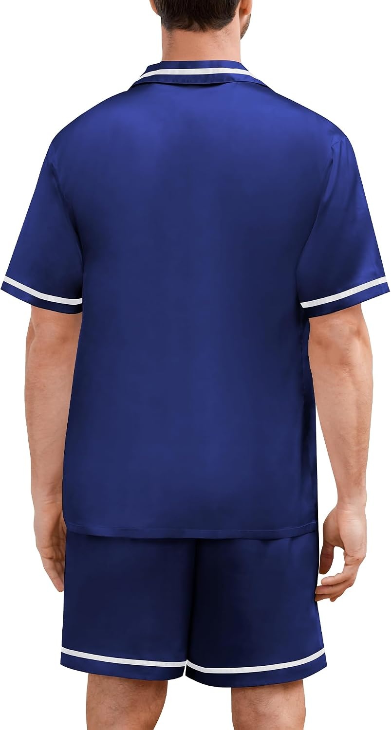 image:imageSWOMOG Men Satin Silk Pajamas Sets with Pockets Short Sleeve ButtonDown PJs Sets 2 Piece Summer Sleepwear SXXLStyleanavy Blue