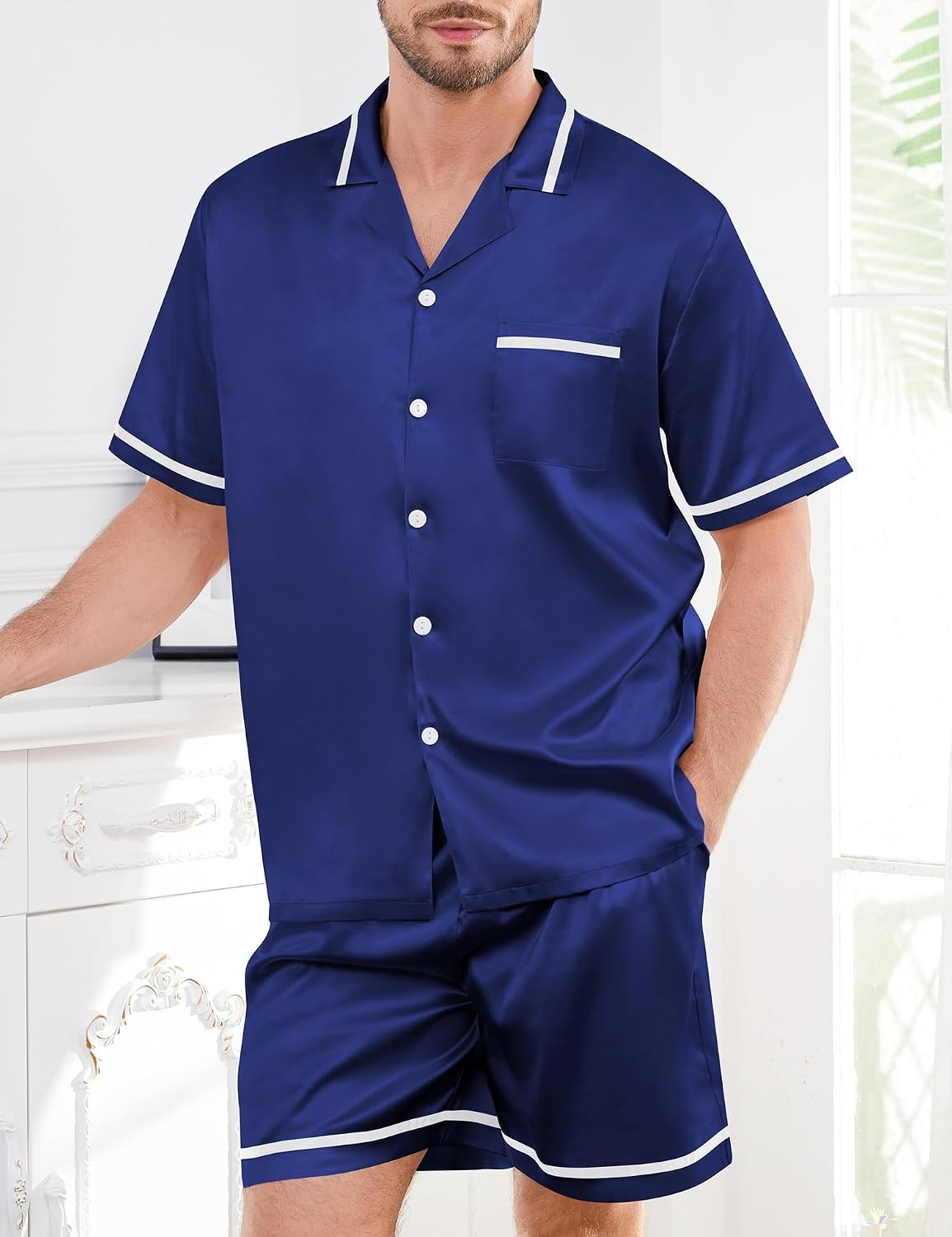 image:imageSWOMOG Men Satin Silk Pajamas Sets with Pockets Short Sleeve ButtonDown PJs Sets 2 Piece Summer Sleepwear SXXLStyleanavy Blue