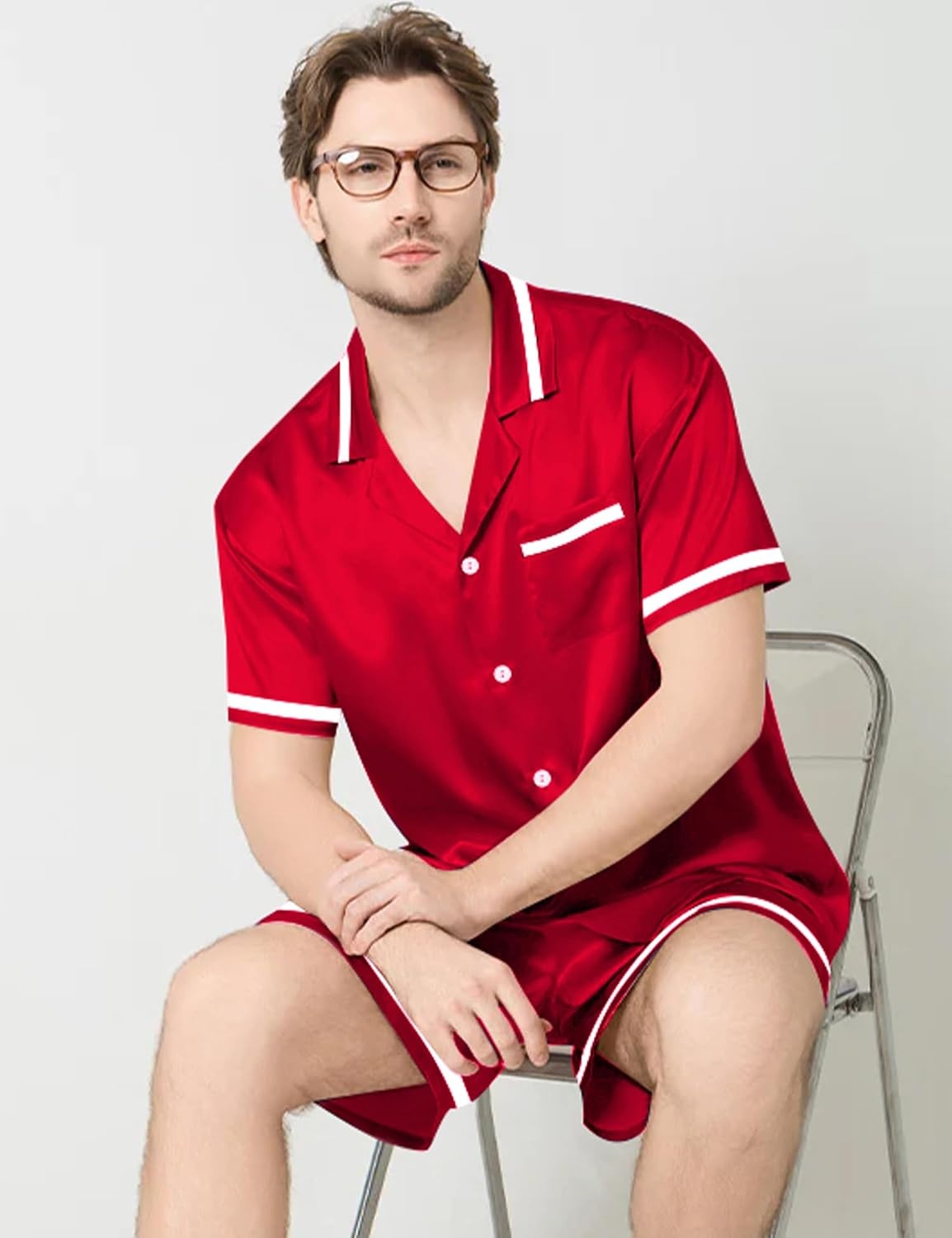 image:imageSWOMOG Men Satin Silk Pajamas Sets with Pockets Short Sleeve ButtonDown PJs Sets 2 Piece Summer Sleepwear SXXLStyleared