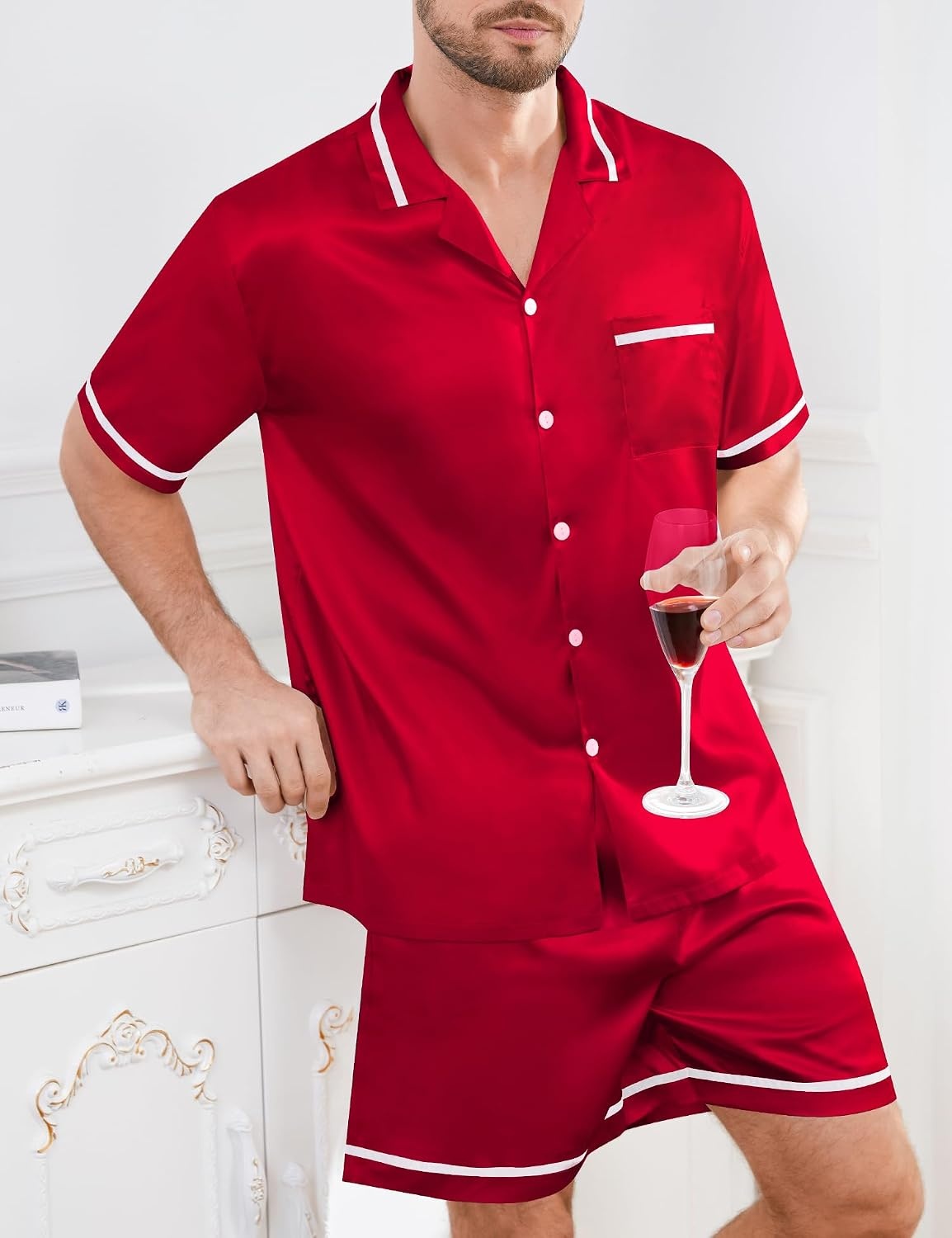 image:imageSWOMOG Men Satin Silk Pajamas Sets with Pockets Short Sleeve ButtonDown PJs Sets 2 Piece Summer Sleepwear SXXLStyleared