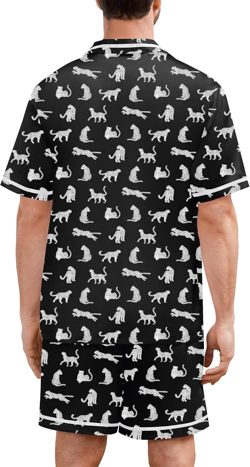 image:imageSWOMOG Men Satin Silk Pajamas Sets with Pockets Short Sleeve ButtonDown PJs Sets 2 Piece Summer Sleepwear SXXLStyleawhite Leopard Print
