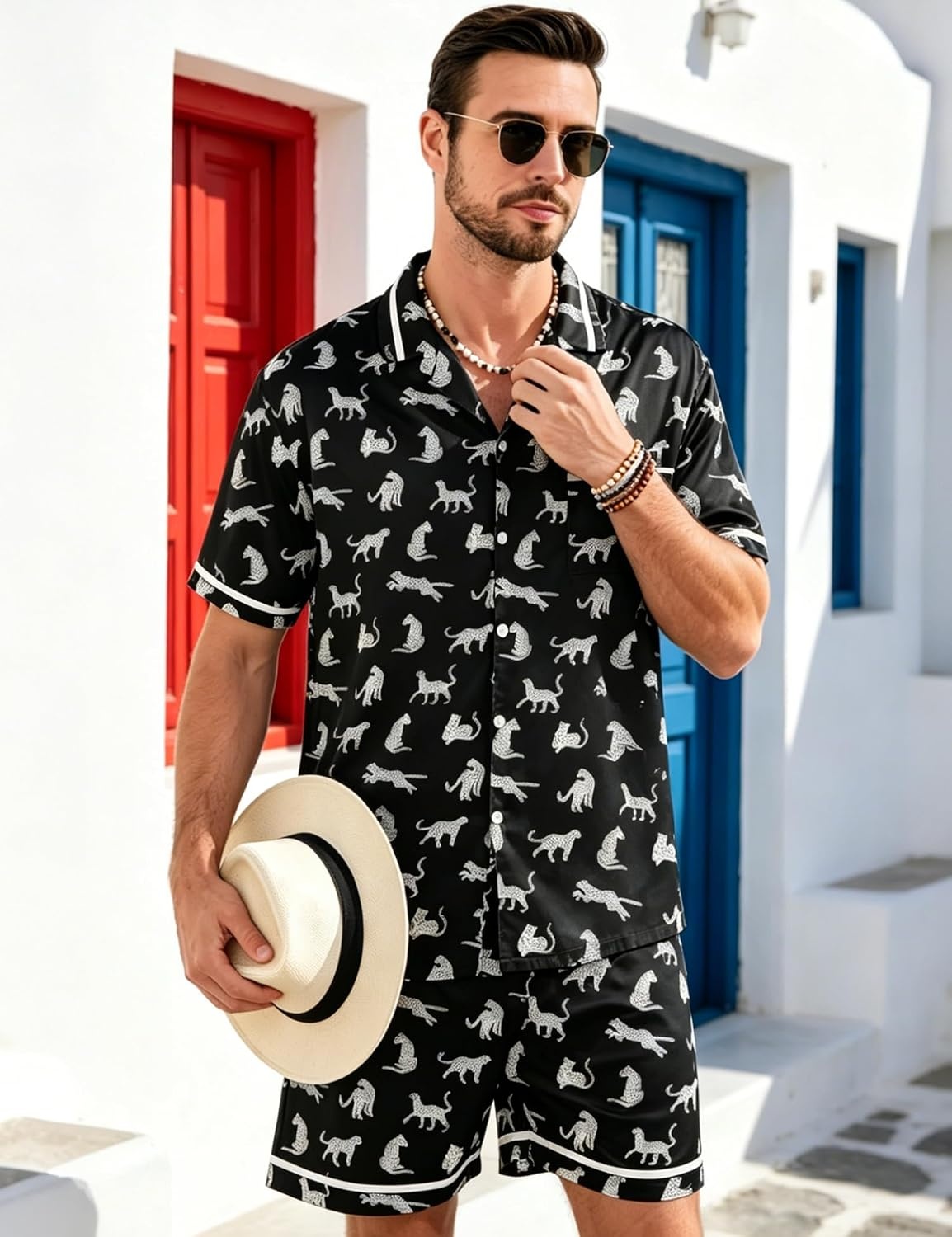 image:imageSWOMOG Men Satin Silk Pajamas Sets with Pockets Short Sleeve ButtonDown PJs Sets 2 Piece Summer Sleepwear SXXLStyleawhite Leopard Print