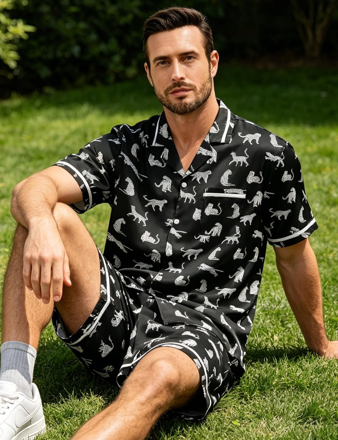 image:imageSWOMOG Men Satin Silk Pajamas Sets with Pockets Short Sleeve ButtonDown PJs Sets 2 Piece Summer Sleepwear SXXLStyleawhite Leopard Print