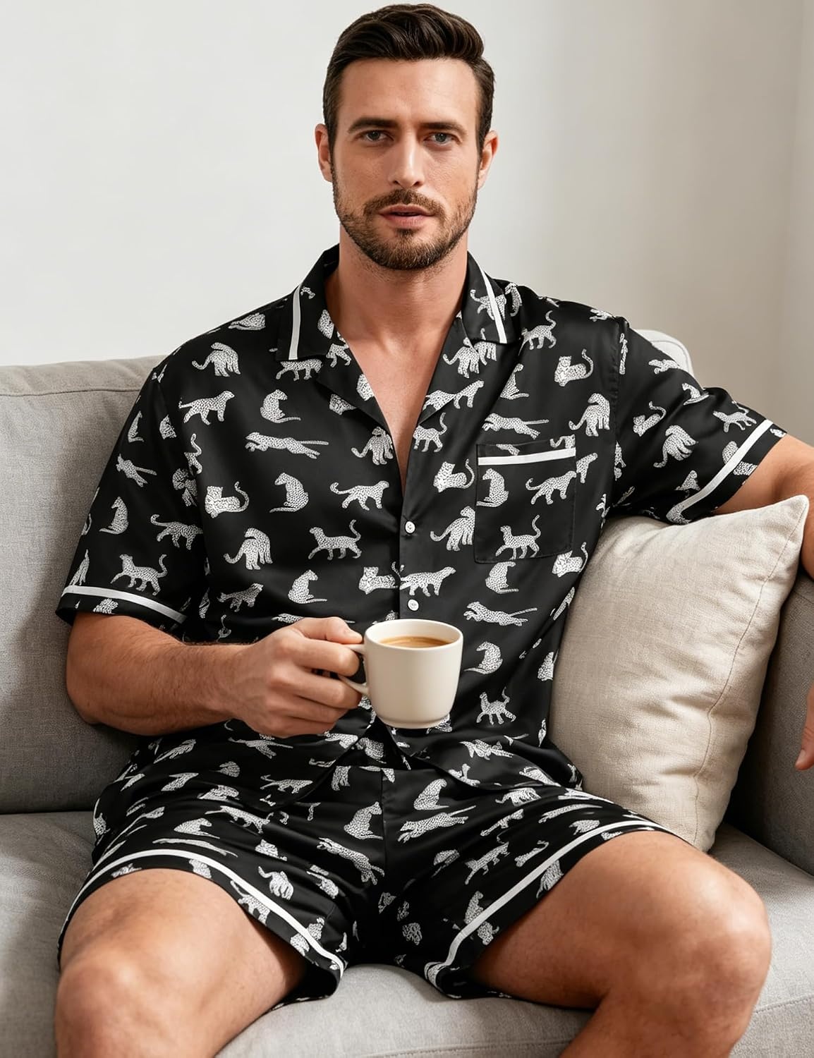 image:imageSWOMOG Men Satin Silk Pajamas Sets with Pockets Short Sleeve ButtonDown PJs Sets 2 Piece Summer Sleepwear SXXLStyleawhite Leopard Print