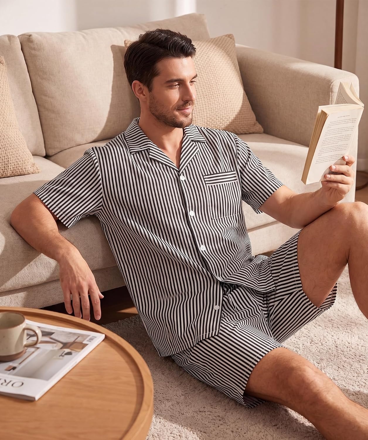 image:imageSWOMOG Mens 100 Cotton Pajama Set 2Pcs Button Down Pjs Set Short Sleeve Sleepwear with Pocket Soft Summer Stripe NightwearBlack Stripes