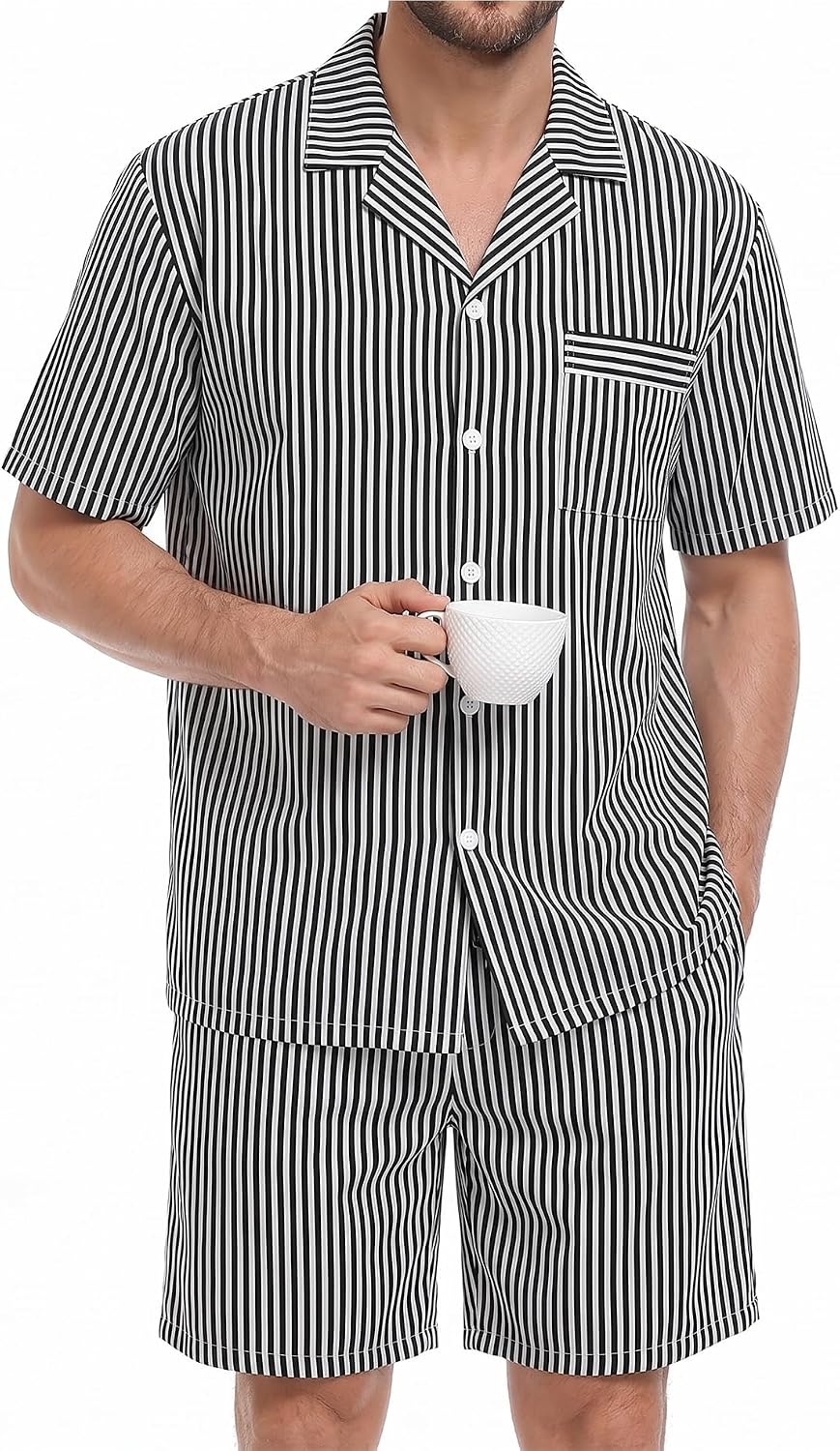 image:imageSWOMOG Mens 100 Cotton Pajama Set 2Pcs Button Down Pjs Set Short Sleeve Sleepwear with Pocket Soft Summer Stripe NightwearBlack Stripes