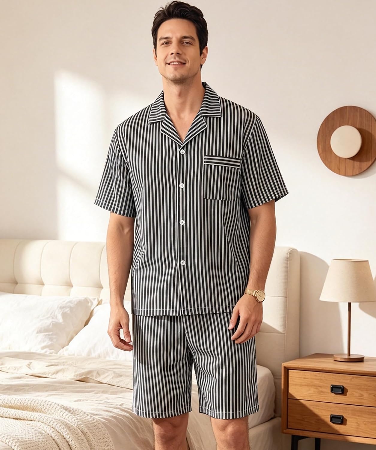 image:imageSWOMOG Mens 100 Cotton Pajama Set 2Pcs Button Down Pjs Set Short Sleeve Sleepwear with Pocket Soft Summer Stripe NightwearBlack Stripes