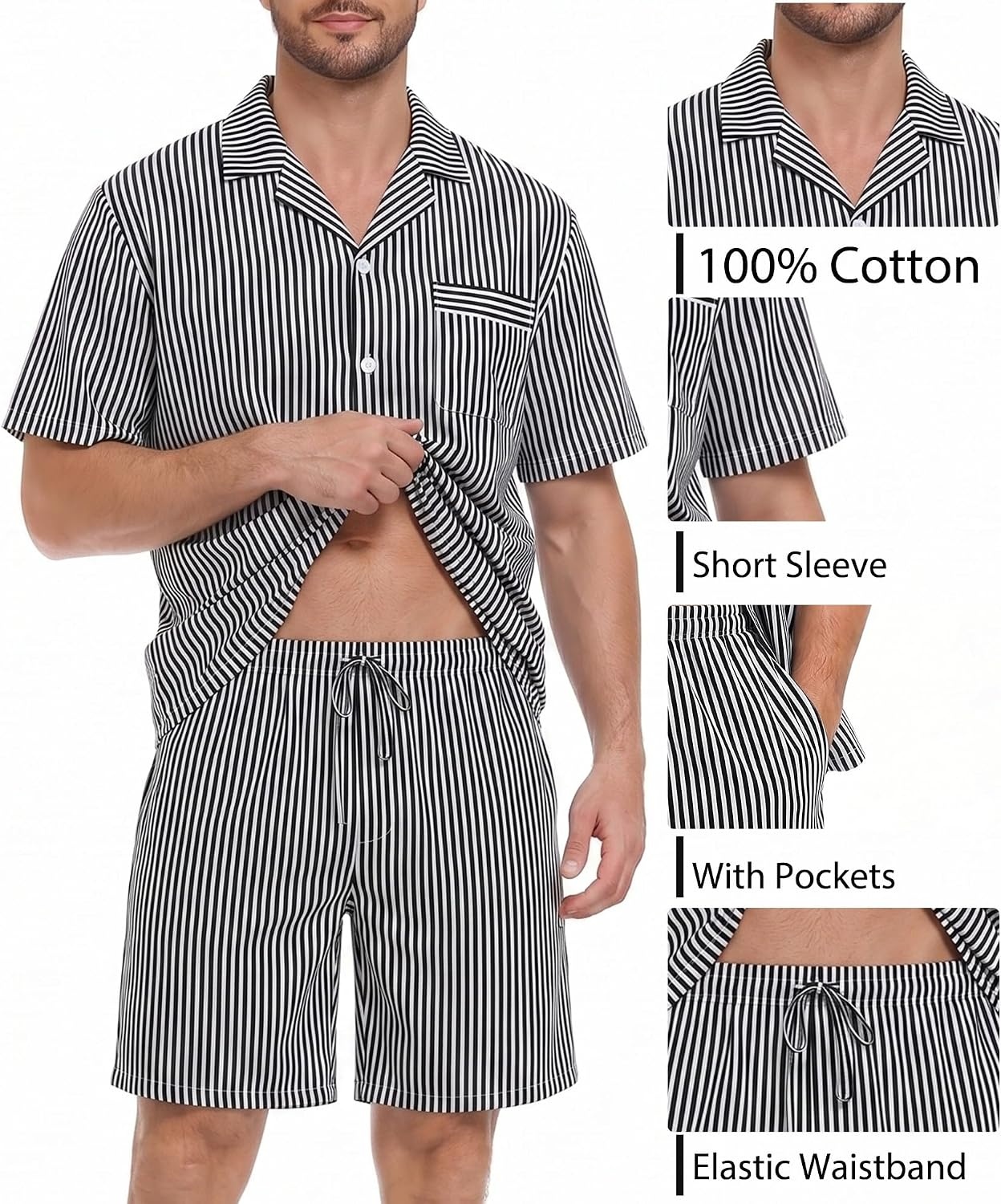 image:imageSWOMOG Mens 100 Cotton Pajama Set 2Pcs Button Down Pjs Set Short Sleeve Sleepwear with Pocket Soft Summer Stripe NightwearBlack Stripes