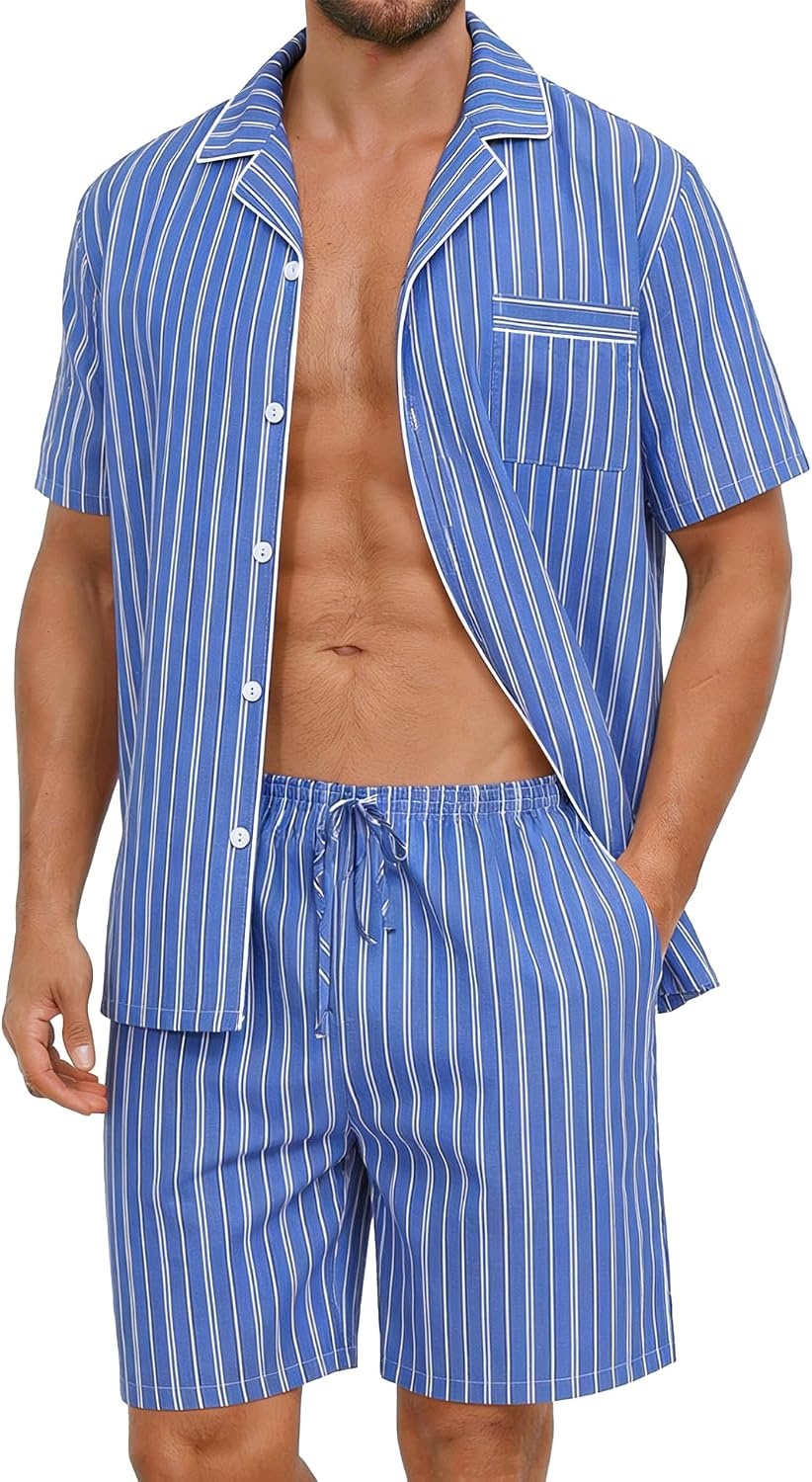 image:imageSWOMOG Mens 100 Cotton Pajama Set 2Pcs Button Down Pjs Set Short Sleeve Sleepwear with Pocket Soft Summer Stripe NightwearBlue White Stripes
