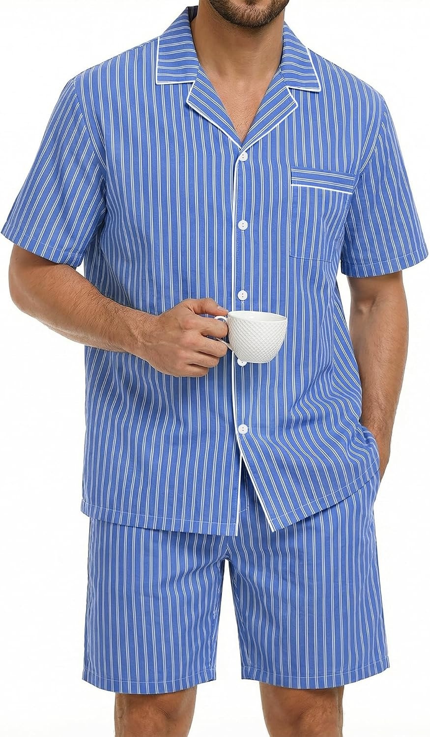 image:imageSWOMOG Mens 100 Cotton Pajama Set 2Pcs Button Down Pjs Set Short Sleeve Sleepwear with Pocket Soft Summer Stripe NightwearBlue White Stripes