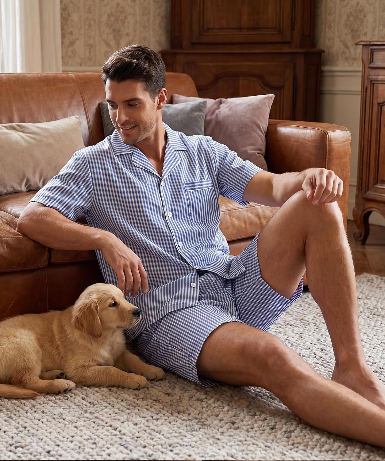image:imageSWOMOG Mens 100 Cotton Pajama Set 2Pcs Button Down Pjs Set Short Sleeve Sleepwear with Pocket Soft Summer Stripe NightwearClassic Stripes