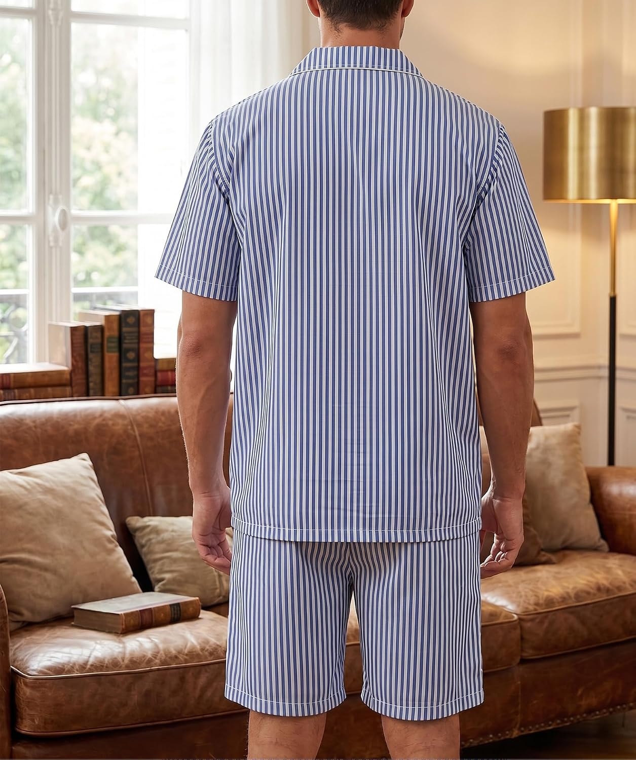 image:imageSWOMOG Mens 100 Cotton Pajama Set 2Pcs Button Down Pjs Set Short Sleeve Sleepwear with Pocket Soft Summer Stripe NightwearClassic Stripes