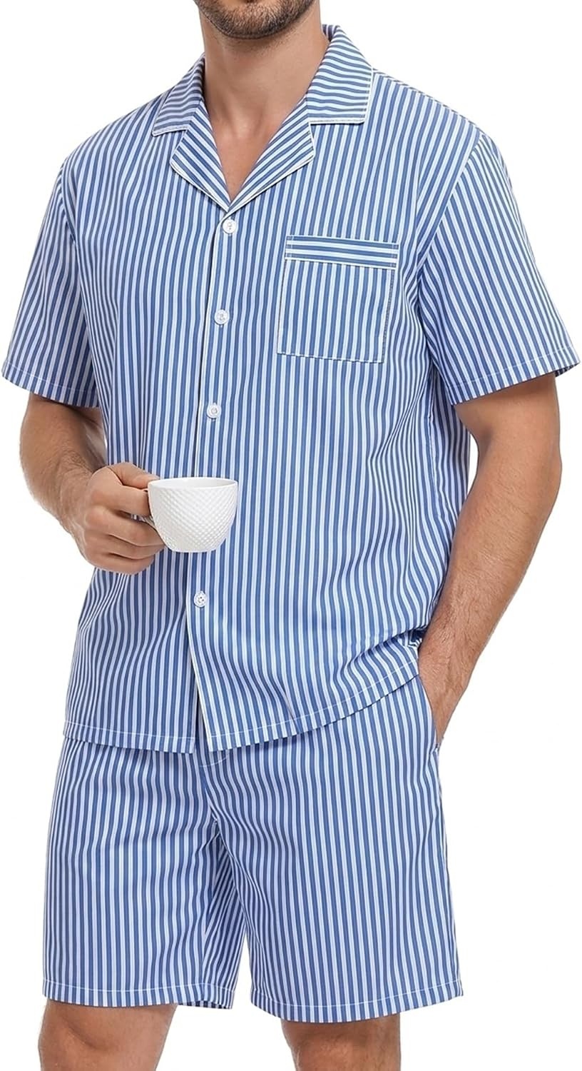 image:imageSWOMOG Mens 100 Cotton Pajama Set 2Pcs Button Down Pjs Set Short Sleeve Sleepwear with Pocket Soft Summer Stripe NightwearClassic Stripes