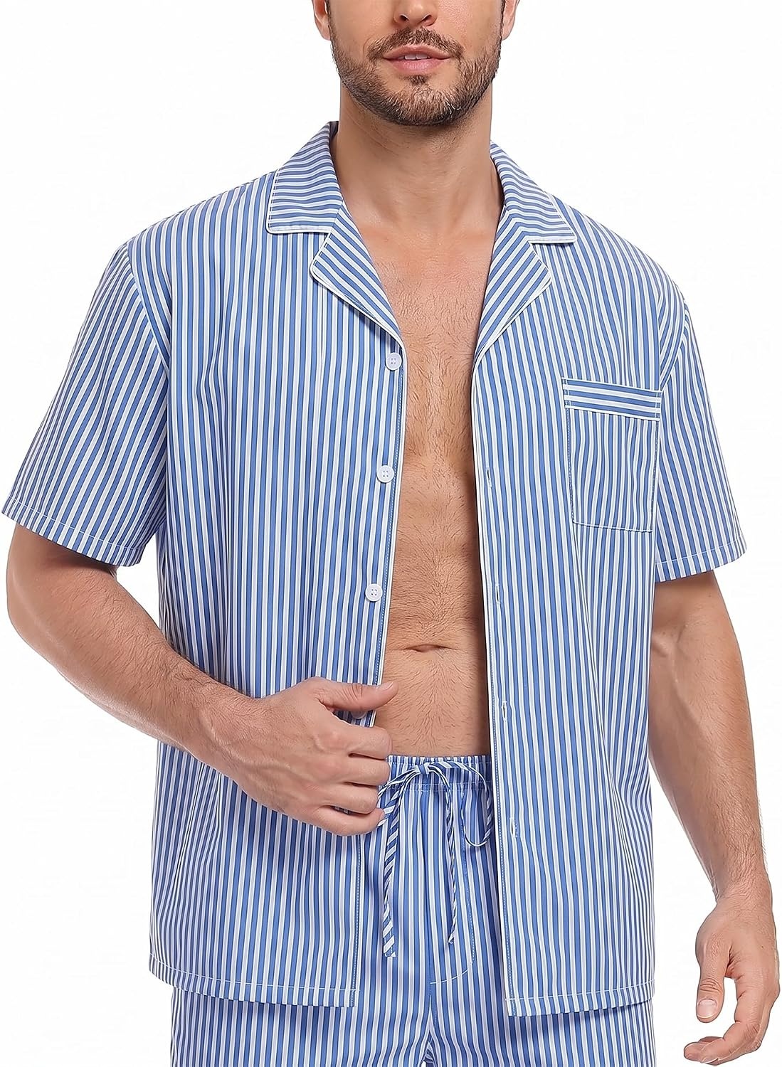 image:imageSWOMOG Mens 100 Cotton Pajama Set 2Pcs Button Down Pjs Set Short Sleeve Sleepwear with Pocket Soft Summer Stripe NightwearClassic Stripes