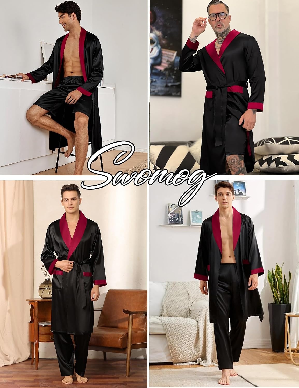 image:imageSWOMOG Mens 3 Pcs Robe Silk Satin Kimono Bathrobe with ShortsampPants Set Lightweight Soft SleepwearBlack