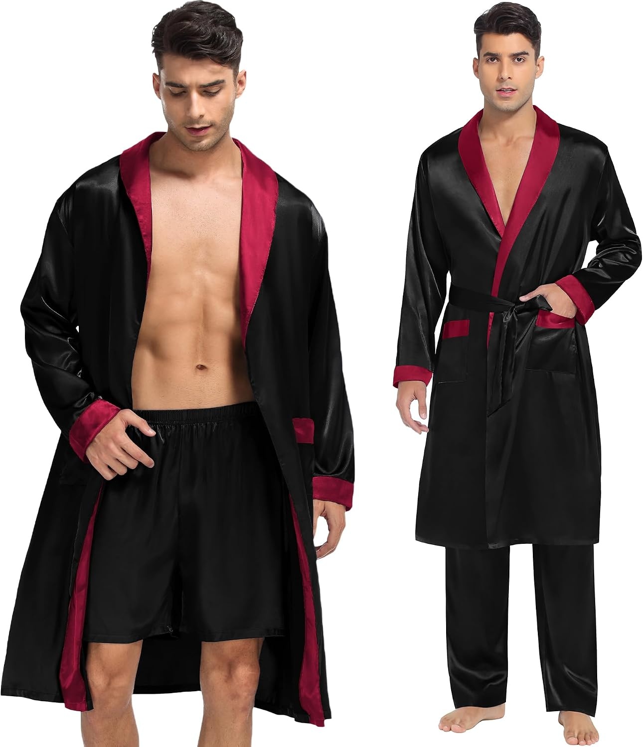 image:imageSWOMOG Mens 3 Pcs Robe Silk Satin Kimono Bathrobe with ShortsampPants Set Lightweight Soft SleepwearBlack
