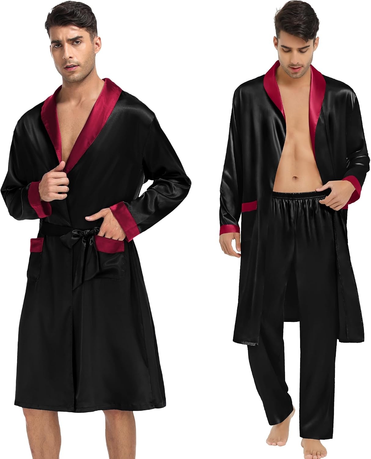 image:imageSWOMOG Mens 3 Pcs Robe Silk Satin Kimono Bathrobe with ShortsampPants Set Lightweight Soft SleepwearBlack