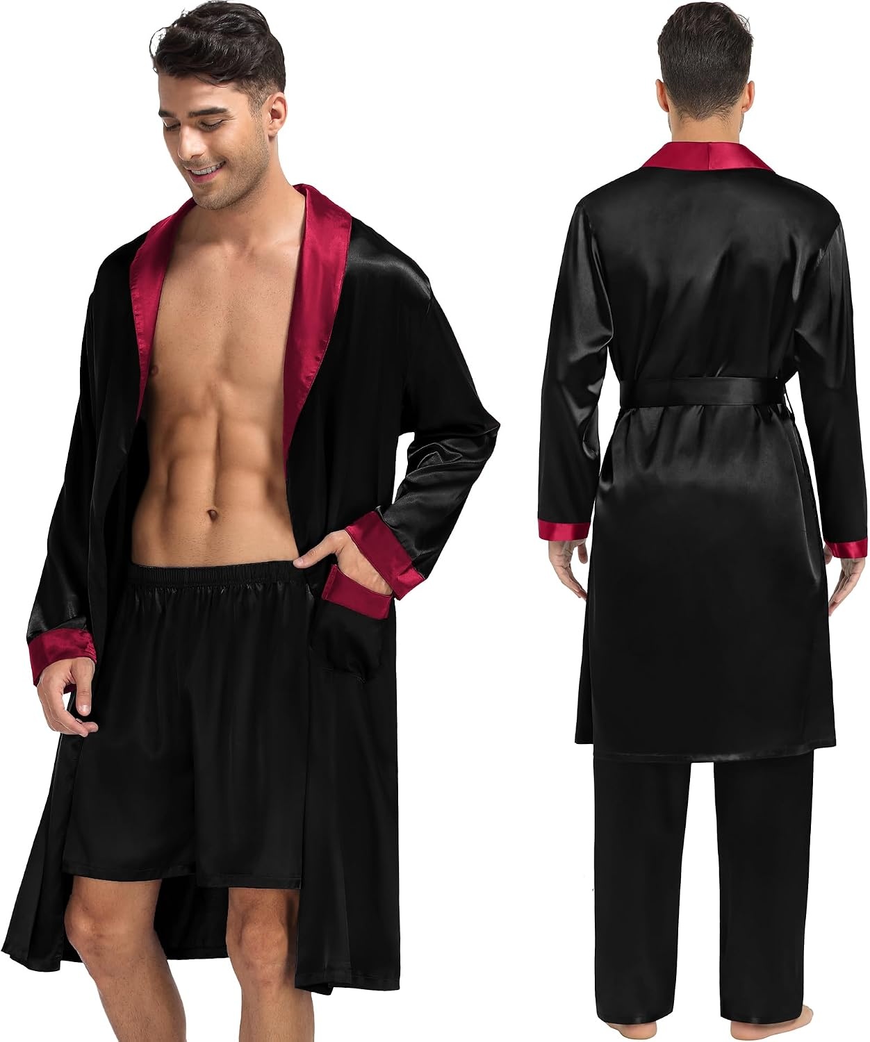 image:imageSWOMOG Mens 3 Pcs Robe Silk Satin Kimono Bathrobe with ShortsampPants Set Lightweight Soft SleepwearBlack