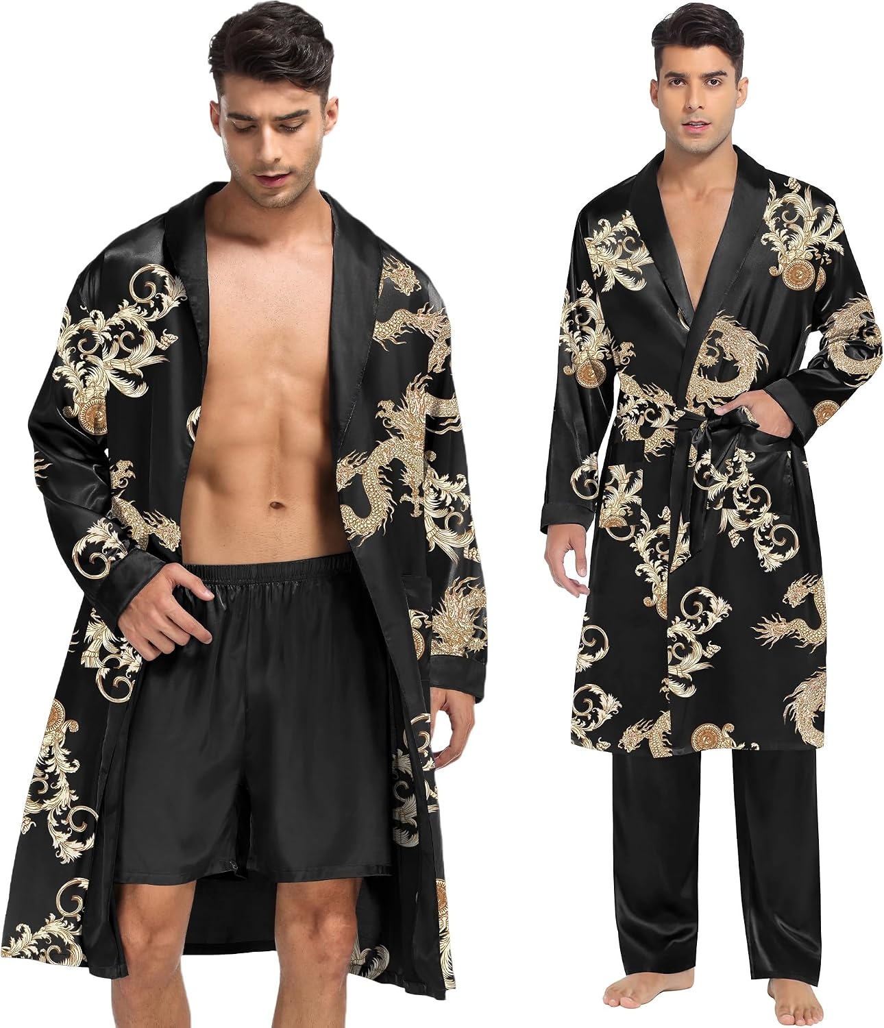 image:imageSWOMOG Mens 3 Pcs Robe Silk Satin Kimono Bathrobe with ShortsampPants Set Lightweight Soft SleepwearBlack Dragon