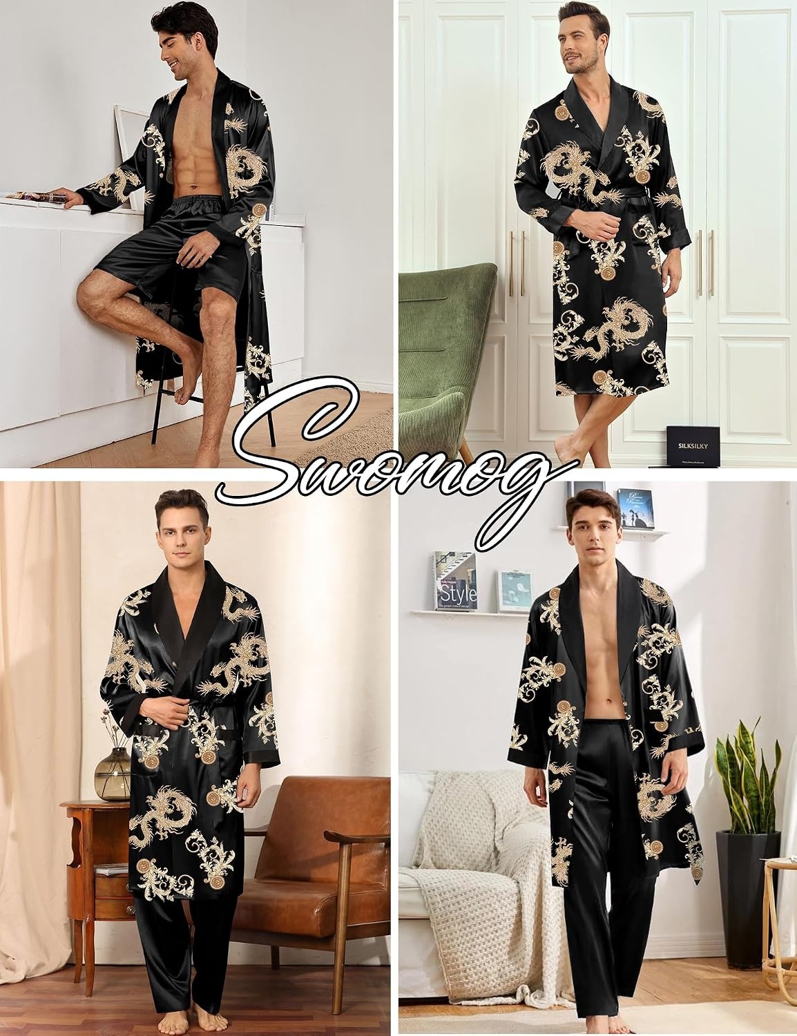 image:imageSWOMOG Mens 3 Pcs Robe Silk Satin Kimono Bathrobe with ShortsampPants Set Lightweight Soft SleepwearBlack Dragon